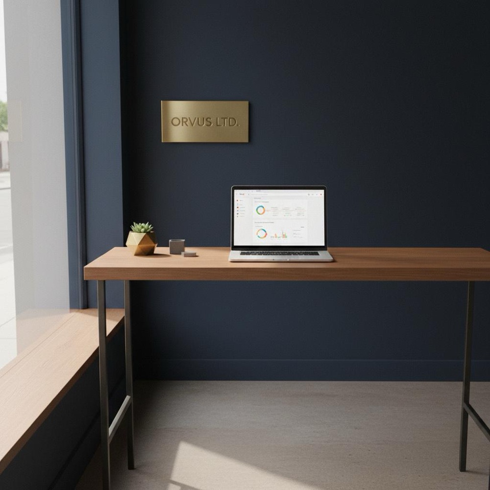 Is $20 a day good for Google Ads: minimalist photo of a local storefront with a laptop showing a Google Ads dashboard, styled in Orvus Ltd. colors #0B1E33 and #C8A45D.