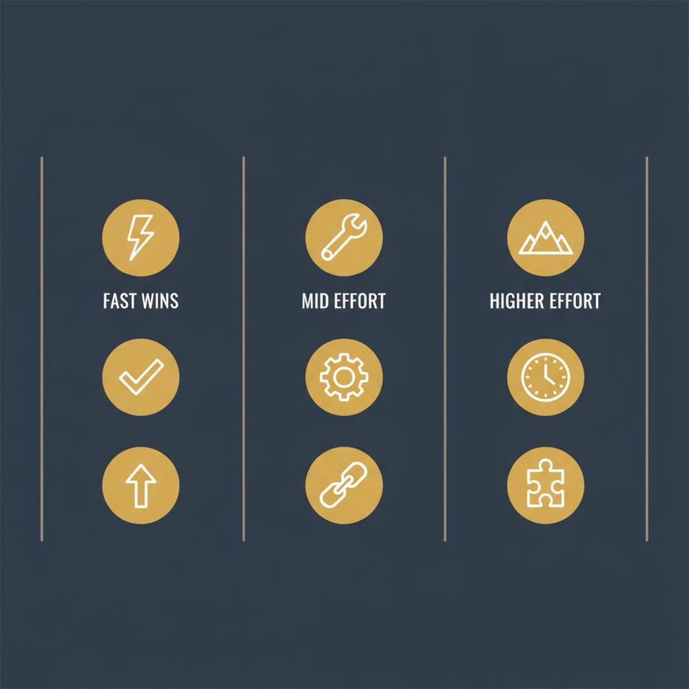 Minimal vector infographic three column prioritized audit checklist for google sites seo showing fast wins mid effort and higher effort icons on dark blue background