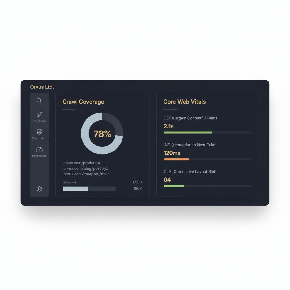 Minimalist desktop dashboard for search engine optimization audit showing crawl coverage donut chart and Core Web Vitals cards on dark navy background #0B1E33 with Orvus Ltd accent colors