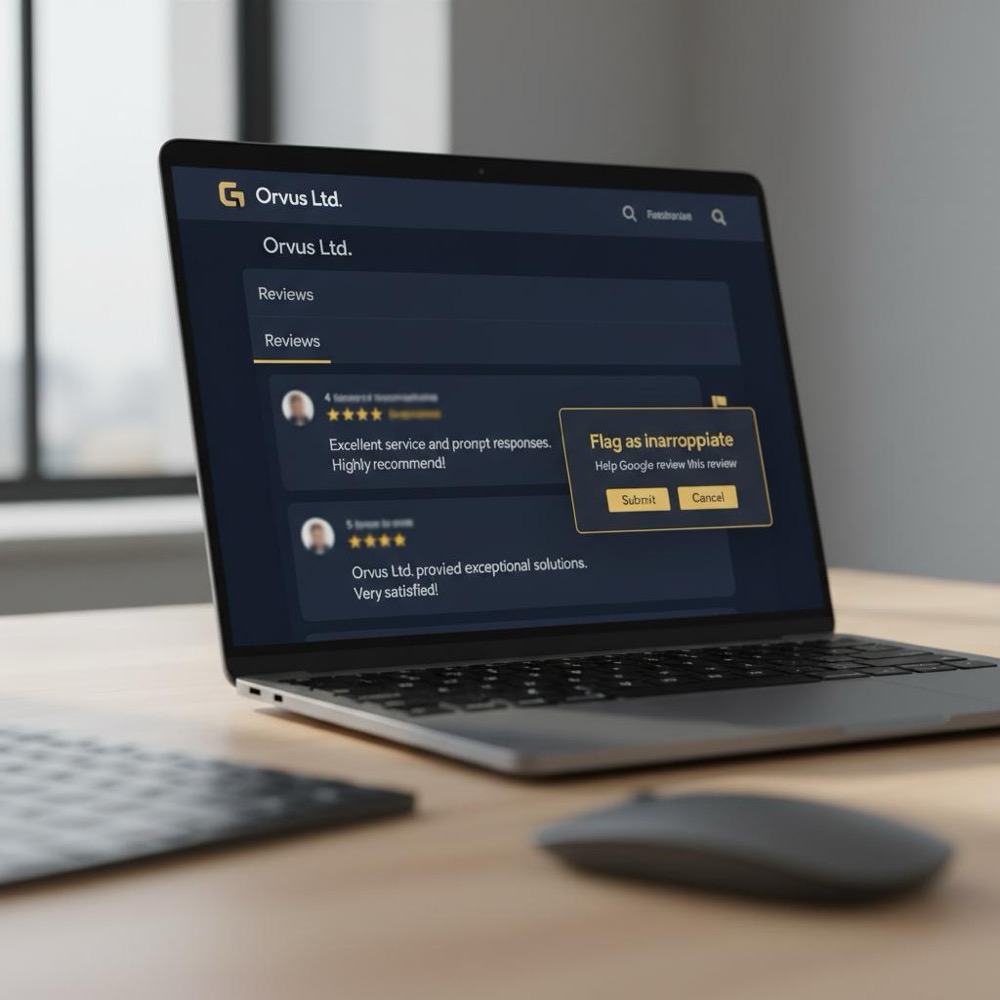 Close-up laptop showing Google Business Profile Reviews with a flagged-review modal in Orvus Ltd navy and gold UI - can you get Google reviews removed