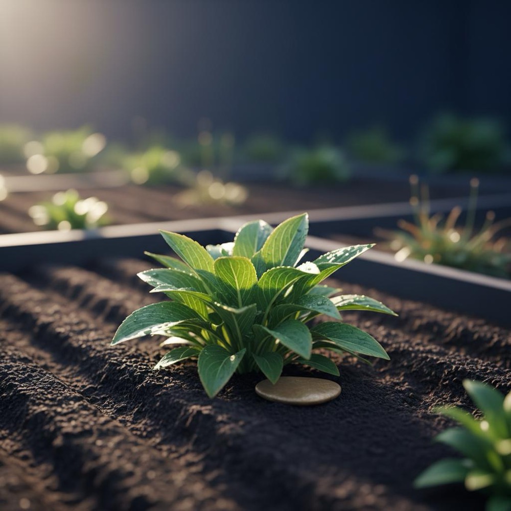 Close-up of a well-tended garden bed symbolizing sustainable growth in muted Orvus Ltd. palette with #C8A45D accents, shallow depth of field, minimalist composition - white hat seo
