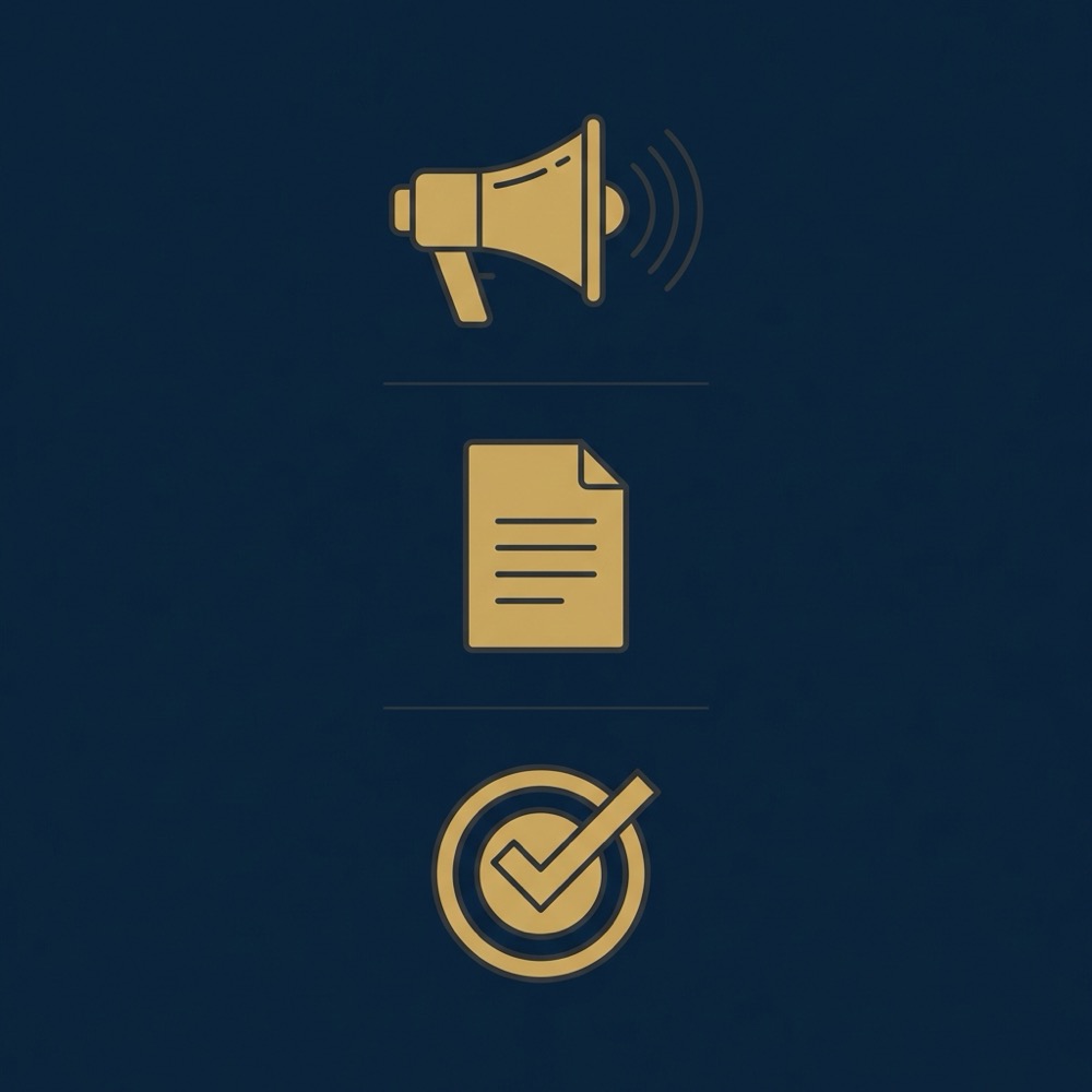 Minimal 2D vector infographic with three stacked icons representing headline context and payoff for writing a hook on deep blue background
