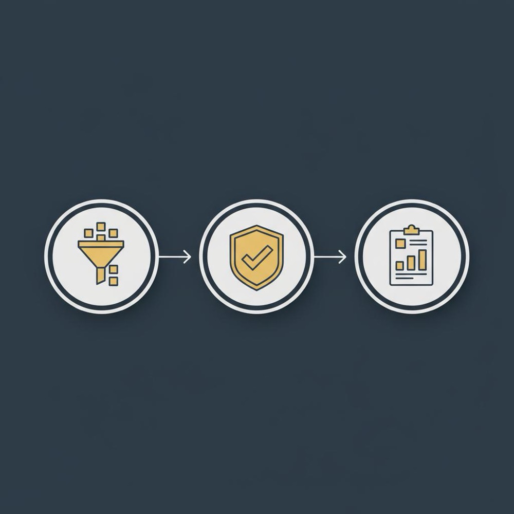 Minimal 2D vector infographic with three icons for triage, validate, and report flow, using Orvus Ltd. colors for a Semrush vs SEOquake comparison article.