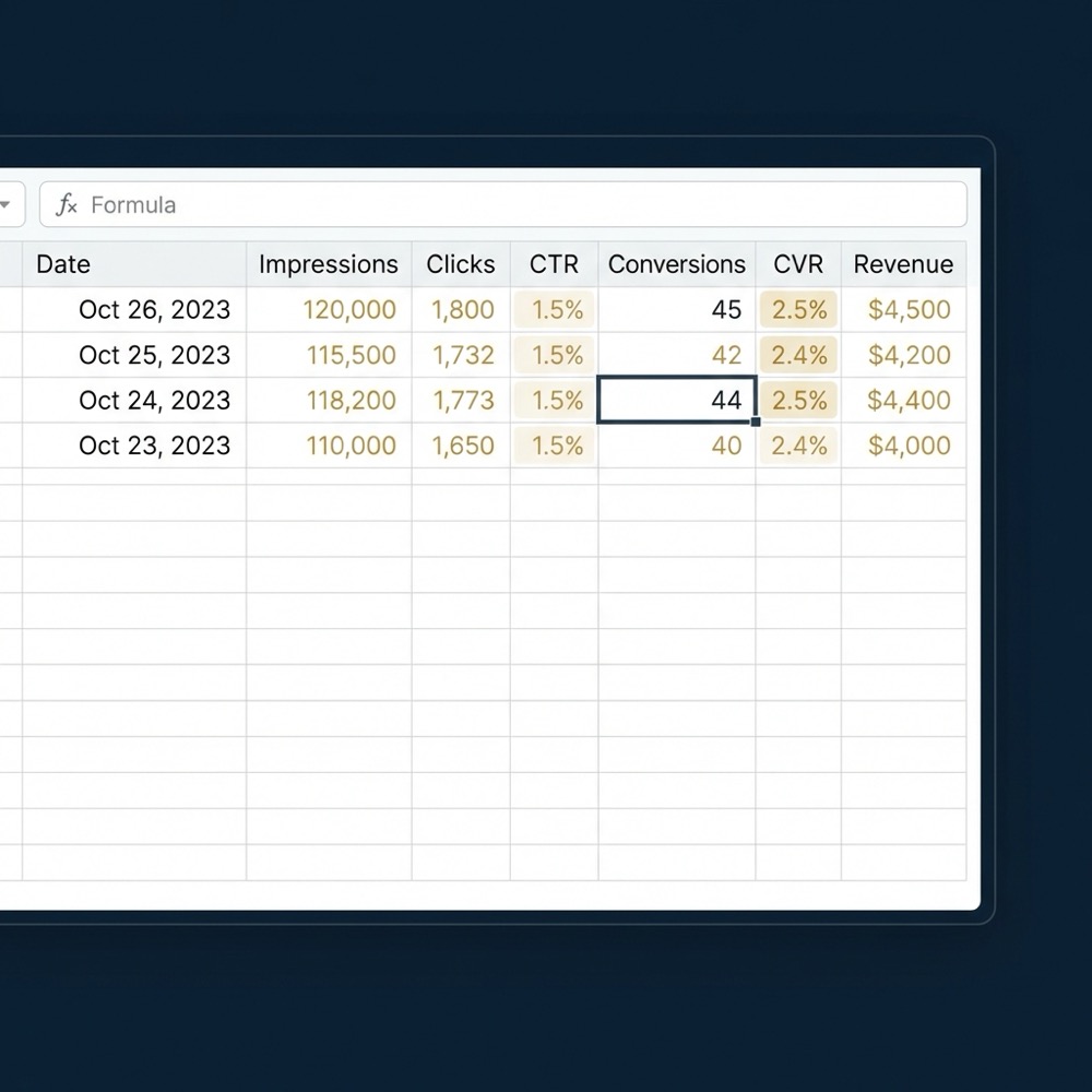 Minimal full frame spreadsheet screenshot showing impressions to revenue calculation with CTR and CVR highlighted in brand color twitter seo