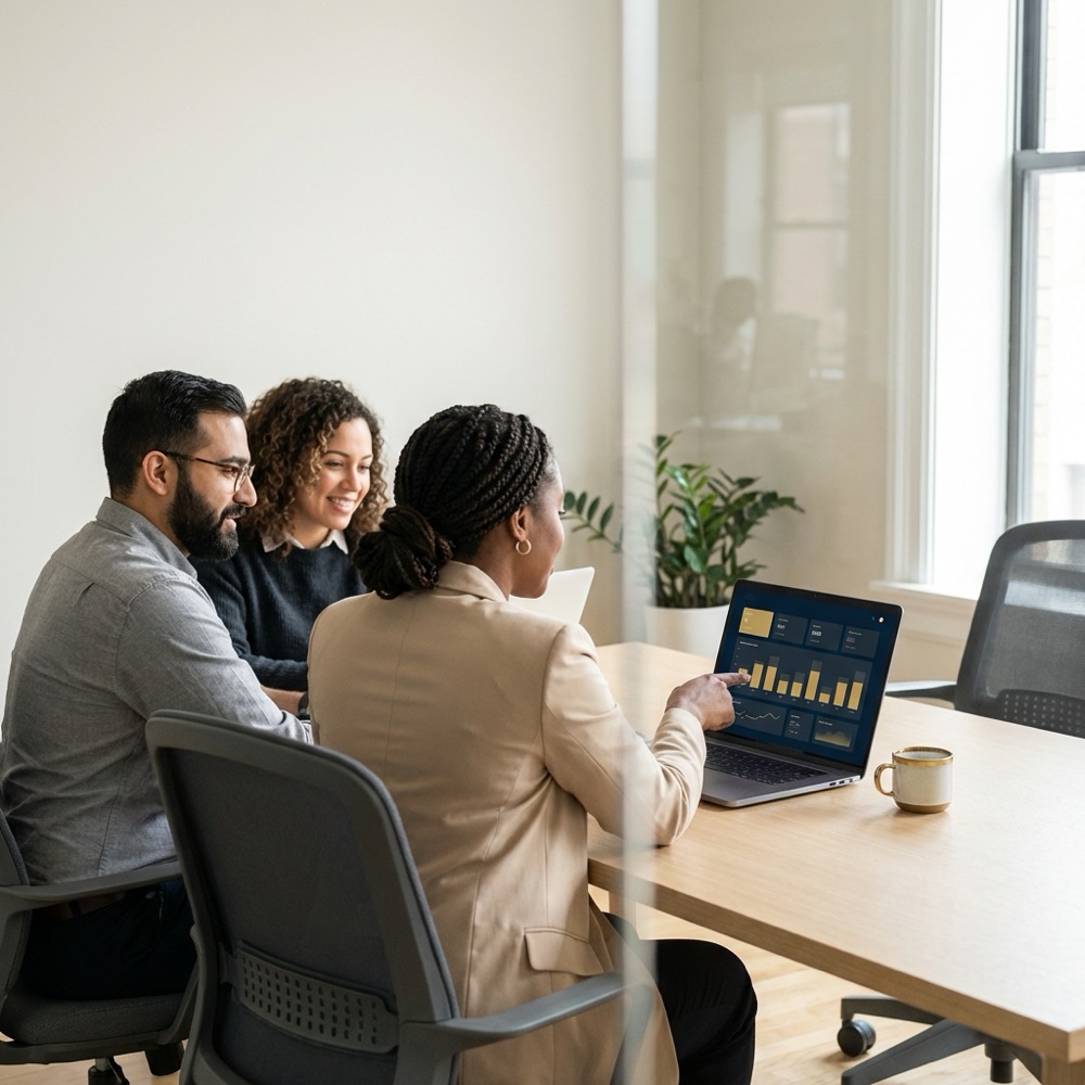 Small marketing team reviewing analytics dashboard on laptop in minimalist Orvus meeting room with navy and gold palette se ranking