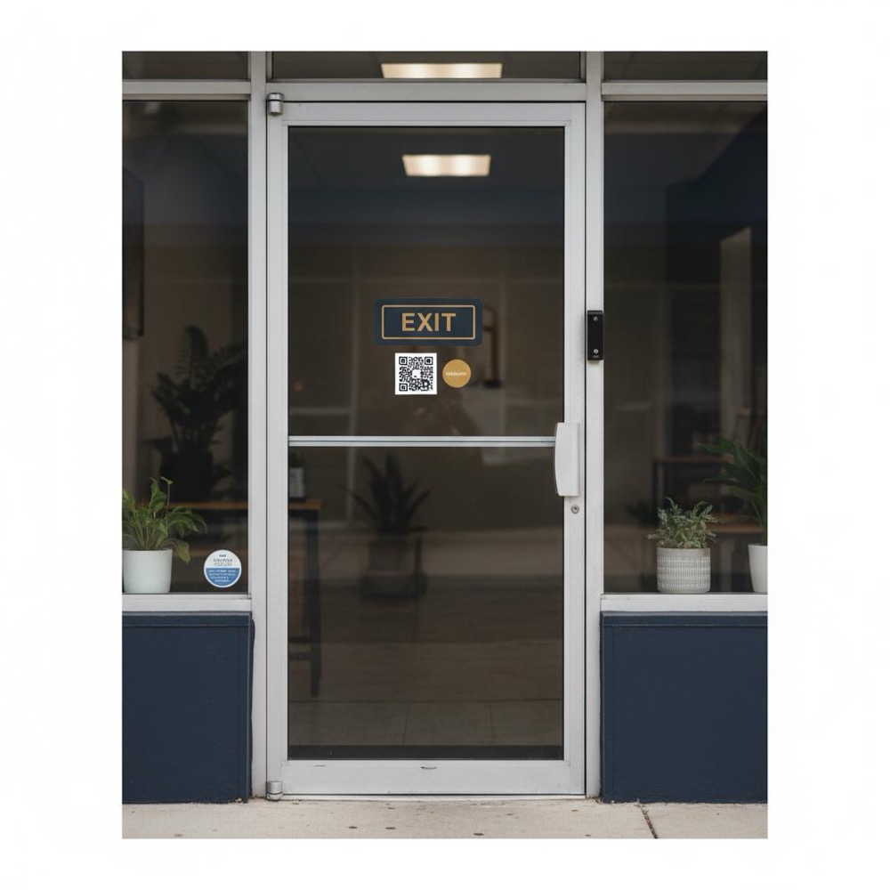 Small storefront exit sign with a QR review code and a small #C8A45D sticker on the door, illustrating how to disable reviews on Google