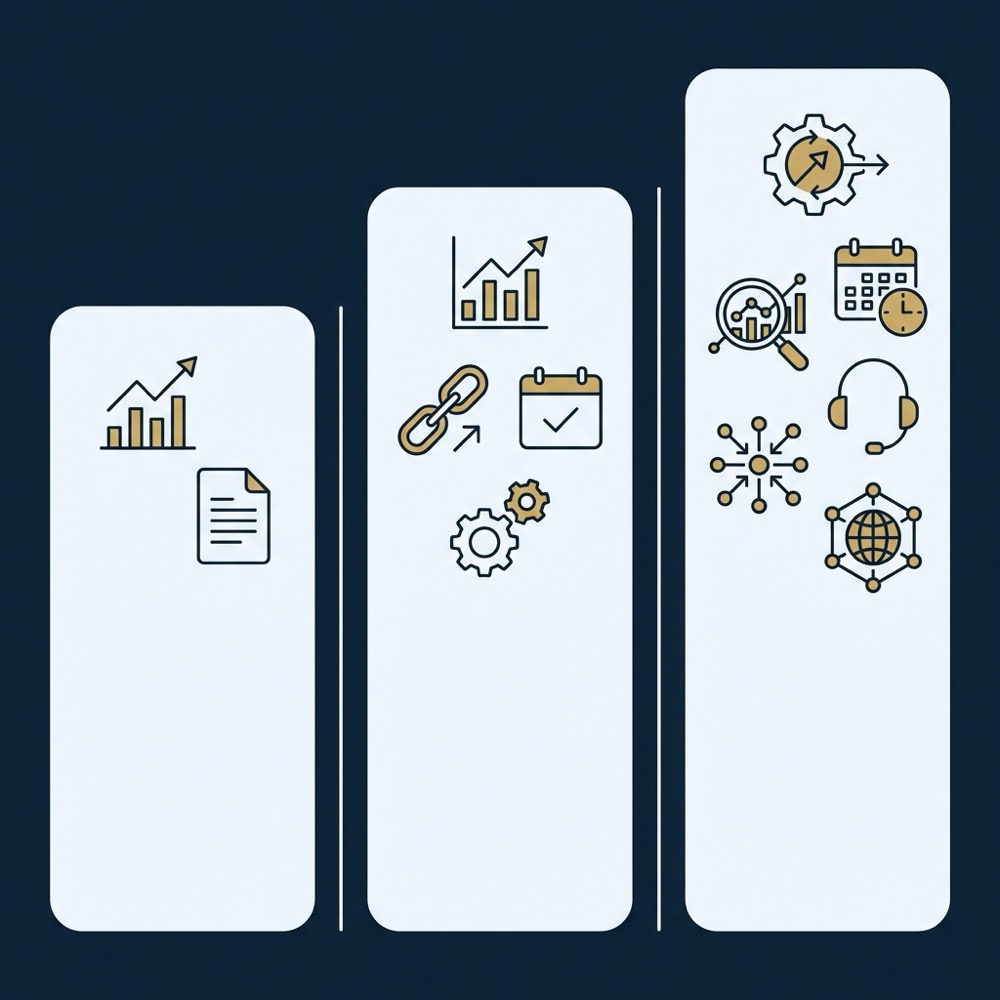 Minimal vector infographic with three vertical retainer bands for small mid market and enterprise showing icon clusters for typical inclusions seo consultant
