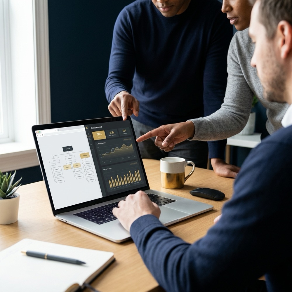 Small team reviewing sitemap and performance dashboard on a laptop for seo webdesign in a minimalist navy and gold branded workspace