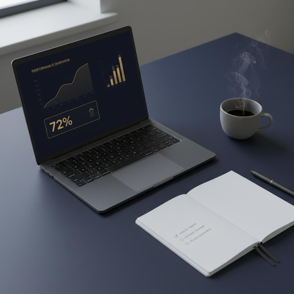 Minimalist workspace with laptop showing abstract SEO dashboard for Ahrefs tutorial, notebook with checklist and coffee cup on deep navy #0B1E33 background.