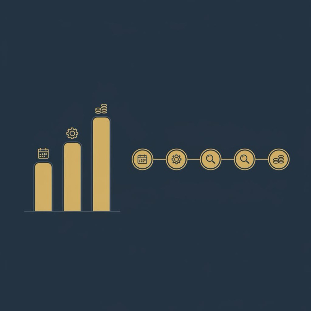 Minimal 2D vector infographic showing a bar chart cost breakdown and timeline with icons illustrating SEO optimizer cost in Orvus Ltd brand colors.