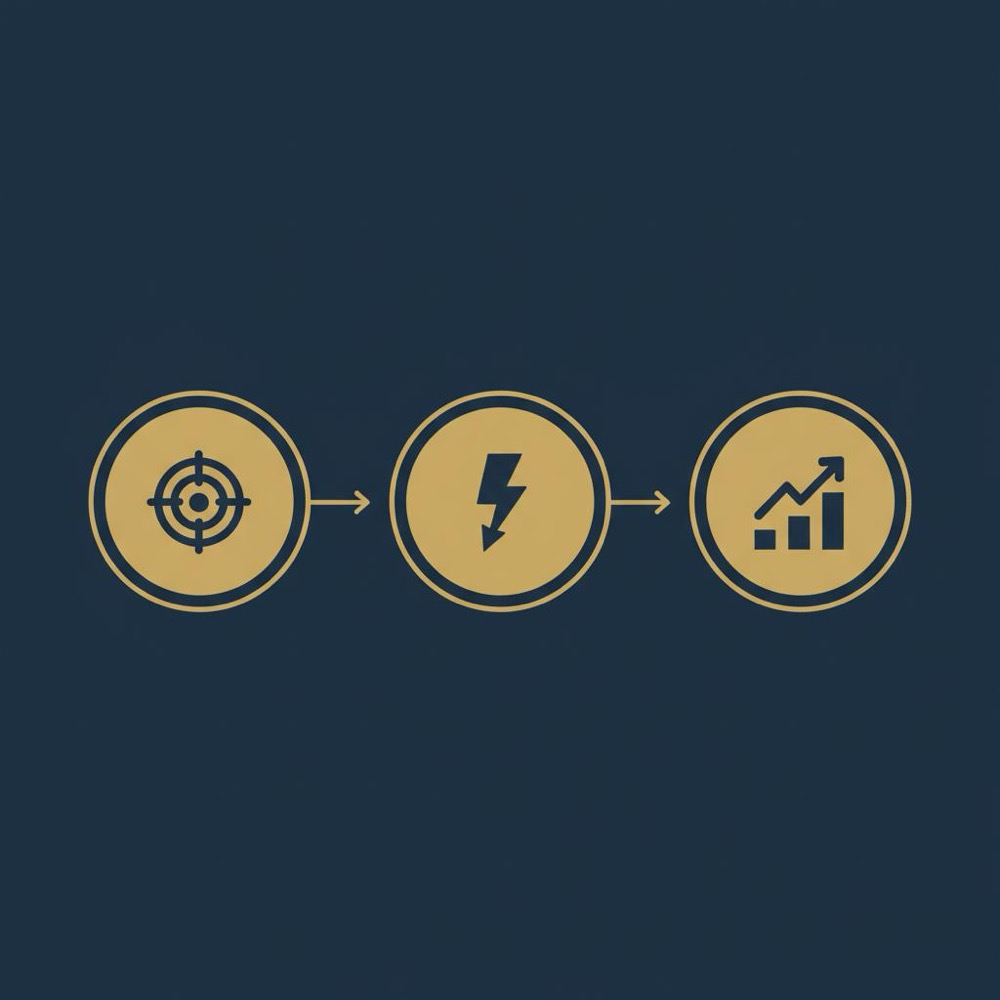 Minimal 2D vector infographic for landing page SEO showing three icon steps: target for intent, lightning bolt for speed, upward arrow for conversion on dark #0B1E33 background.