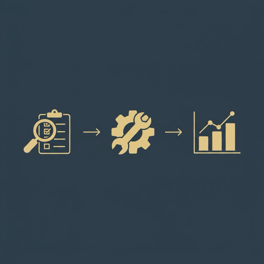 Minimal vector infographic showing a three-step flow of audit, fix, and measure with icons connected by arrows on a dark blue background for GoDaddy SEO.
