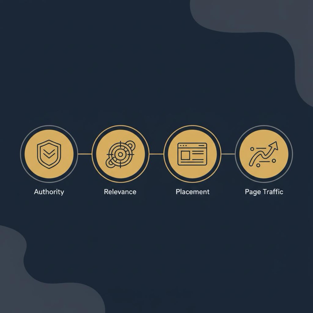 Minimal 2D vector infographic on dark navy background showing four gold and gray icons representing Authority, Relevance, Placement and Page Traffic for powerful backlinks.
