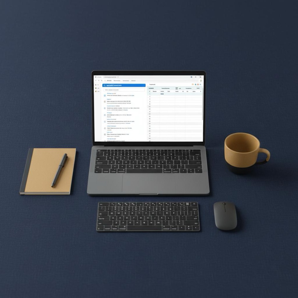 Top-down minimalist workspace with laptop showing a SERP and spreadsheet, notepad and mug in #C8A45D - how do I find LSI keywords