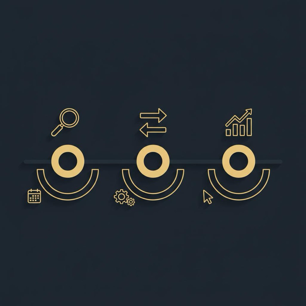 Minimal 2D vector infographic showing a 90-day SEO and paid-test timeline with three icon-based phases and Orvus Ltd brand colors, illustrating pay for SEO