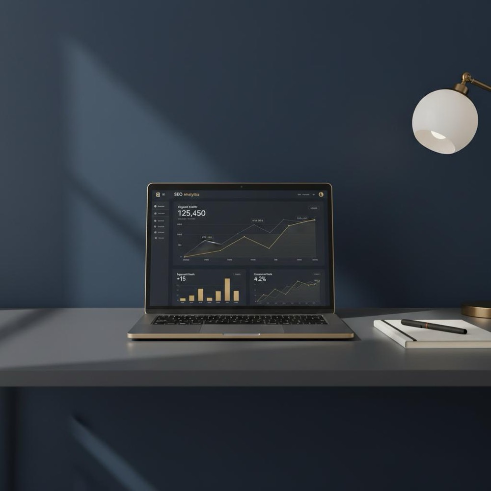 Tidy modern workspace with laptop displaying an SEO dashboard and gold highlights on navy background, minimalist composition showcasing best SEO tool 2025