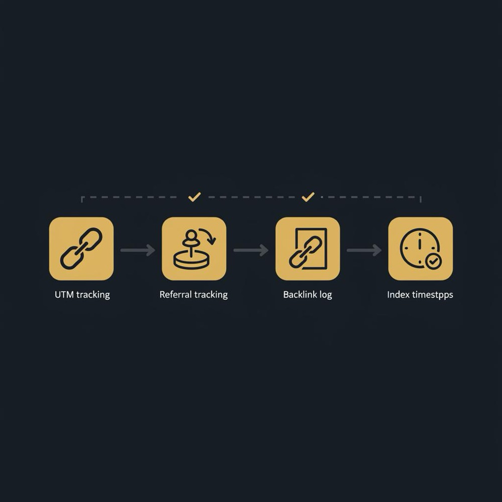 Minimal 2D vector checklist infographic showing icons for UTM tracking referral tracking backlink log and index timestamps in Orvus brand colors for seo and social media