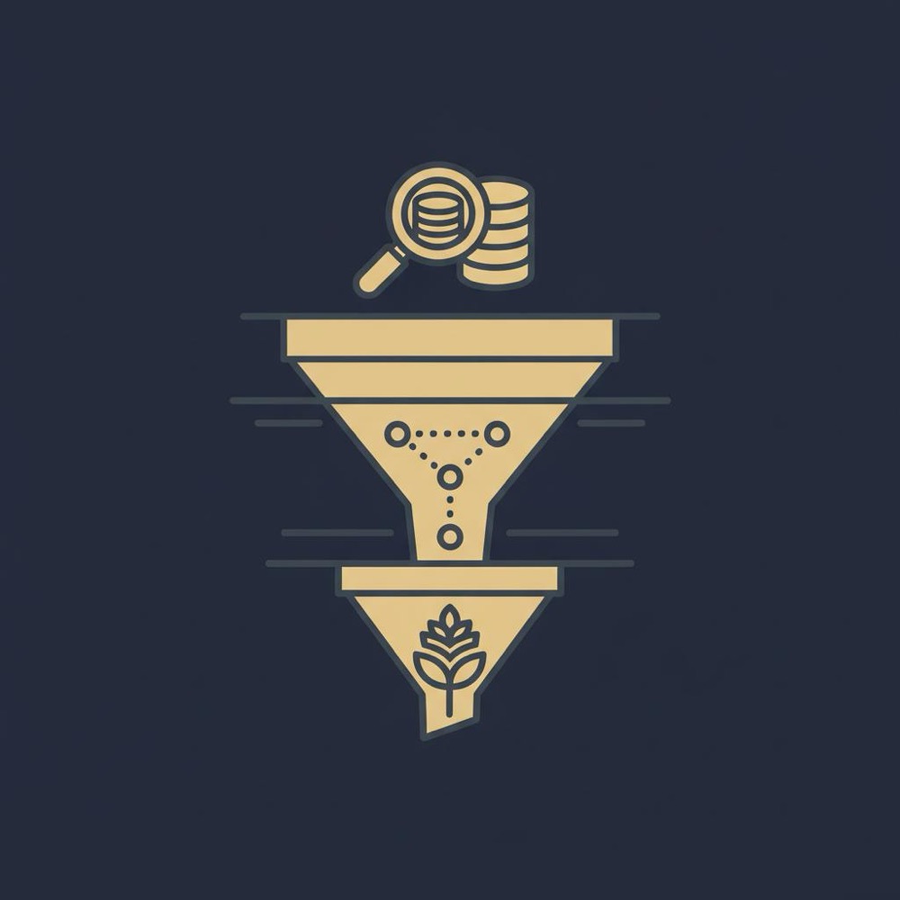 Minimalist 2D vector infographic showing a marketing sem funnel with paid search at the top and organic search building compounding traffic on deep blue background
