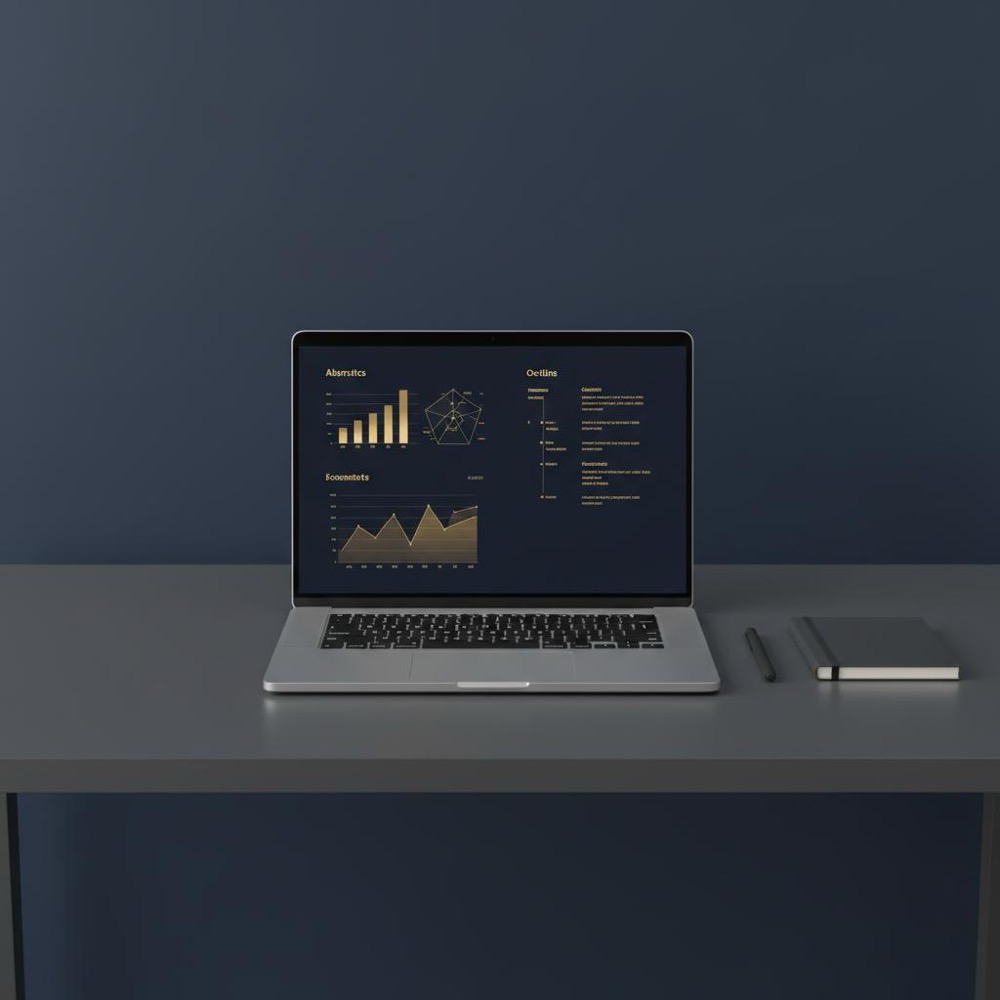 Minimalist workspace with laptop showing analytics dashboard and a content outline, deep blue background and gold accents, illustrating types of ranking for SEO.