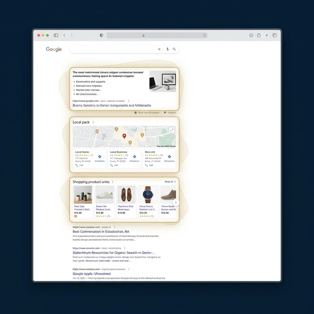 Minimalist desktop mockup of a Google search results page with featured snippet local pack and shopping units highlighted in brand accents serp google