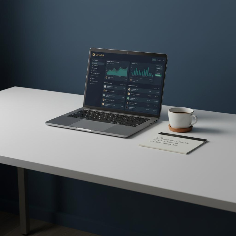 Minimalist workspace with laptop showing CRM dashboard, checklist note and coffee cup on dark blue #0B1E33 background with #C8A45D accents - 3-3-3 rule sales