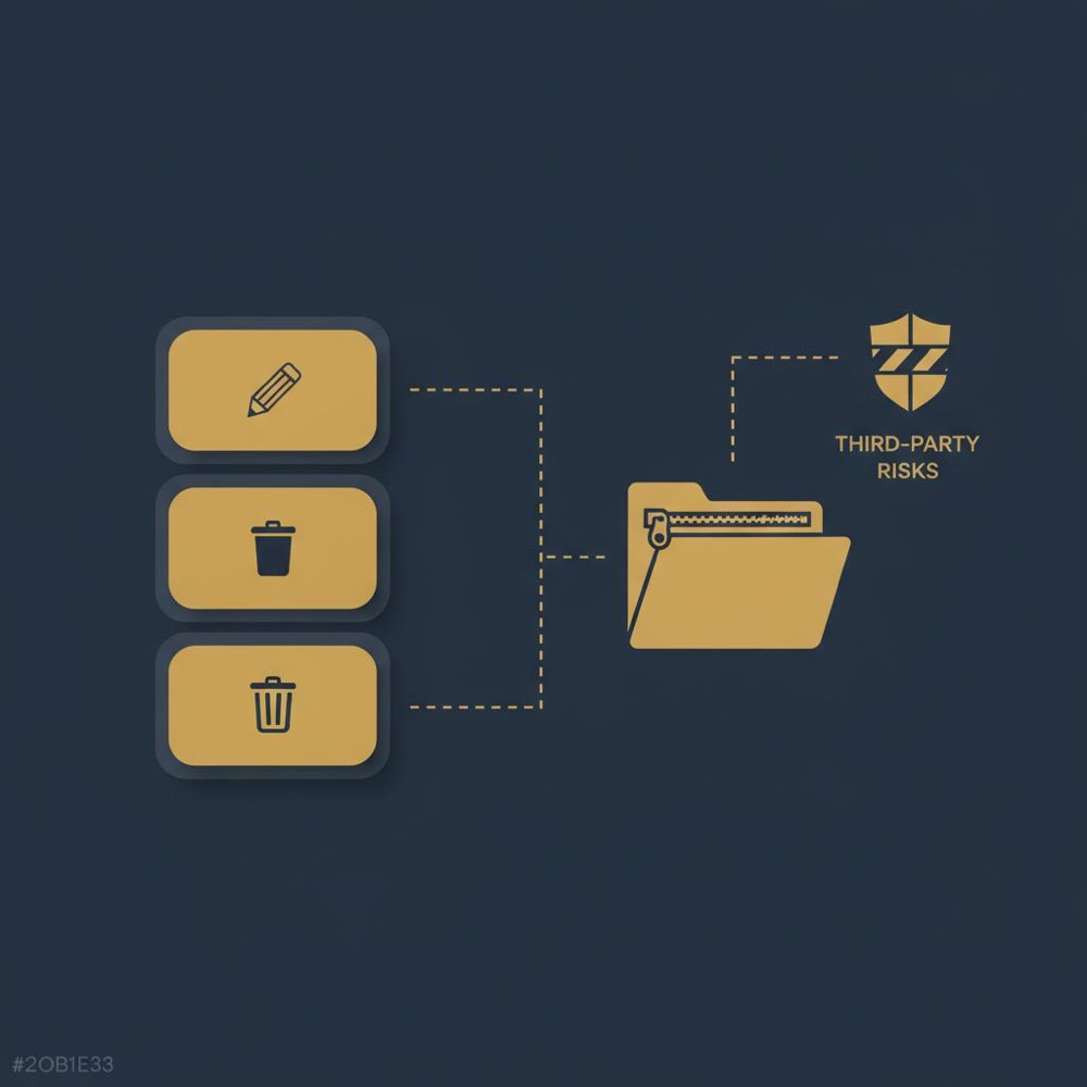 Minimal vector infographic showing three stacked review cards being deleted, a zip takeout icon, and a warning shield about third-party tool risks on a dark navy background - delete Google review history