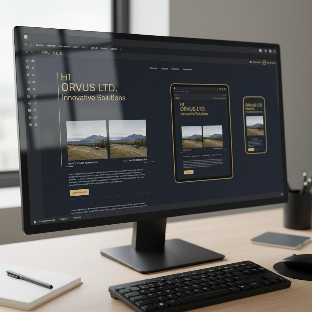 Designer screen close-up showing responsive mockup with multiple image breakpoints and semantic headings in Orvus Ltd. colors. is seo part of web design
