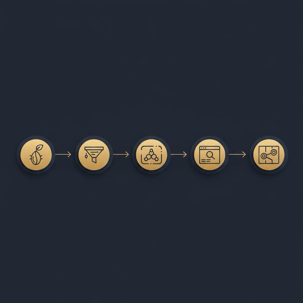 Minimal 2D vector infographic flowchart: seed → normalization → clustering → SERP check → content map icons on #0B1E33 background with gold accents; how to find keywords for Google SEO