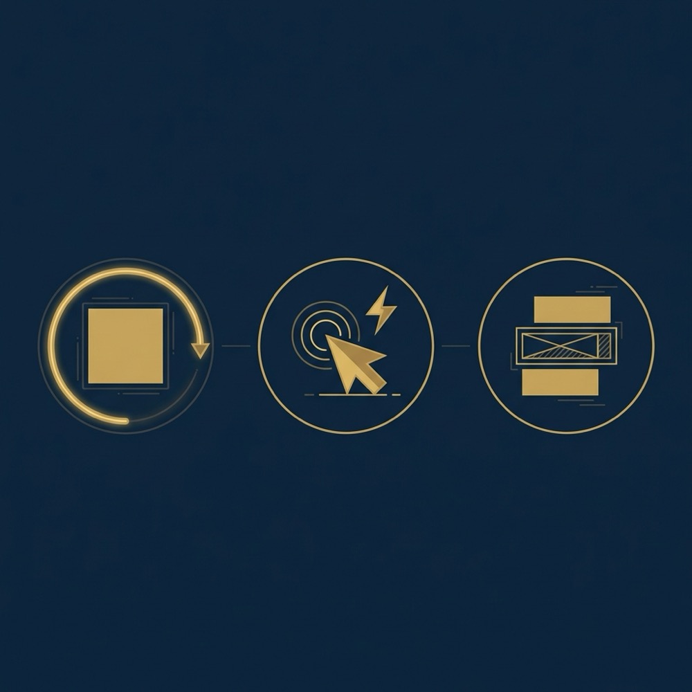 Minimal 2D vector infographic showing three Core Web Vitals icons for LCP FID and CLS on dark blue Orvus style background squarespace seo