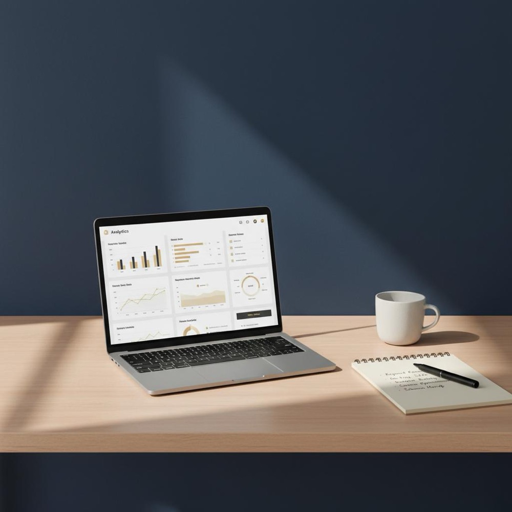seo pricing: minimalist desk with open laptop showing analytics dashboards and a notepad checklist of SEO tasks, brand highlights #C8A45D on deep navy #0B1E33 background, natural light.