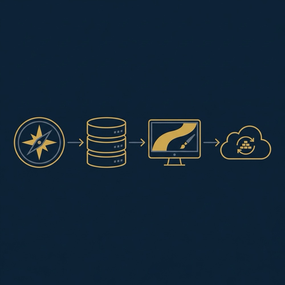 Minimal 2D vector infographic showing cms seo request flow routing content retrieval rendering and CDN cache on deep navy background with Orvus Ltd color accents