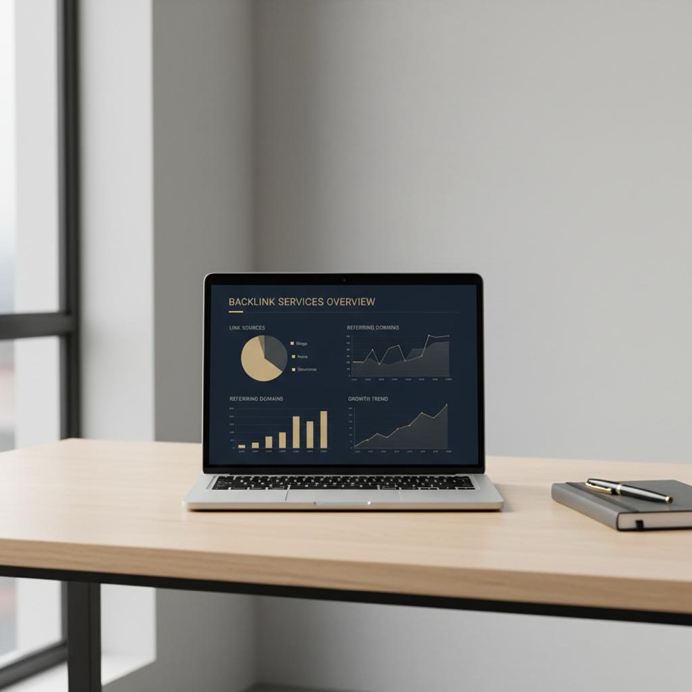 Minimalist workspace with laptop showing analytics dashboard highlighting backlink services metrics, Orvus Ltd brand colors deep navy background #0B1E33 and #C8A45D highlights.