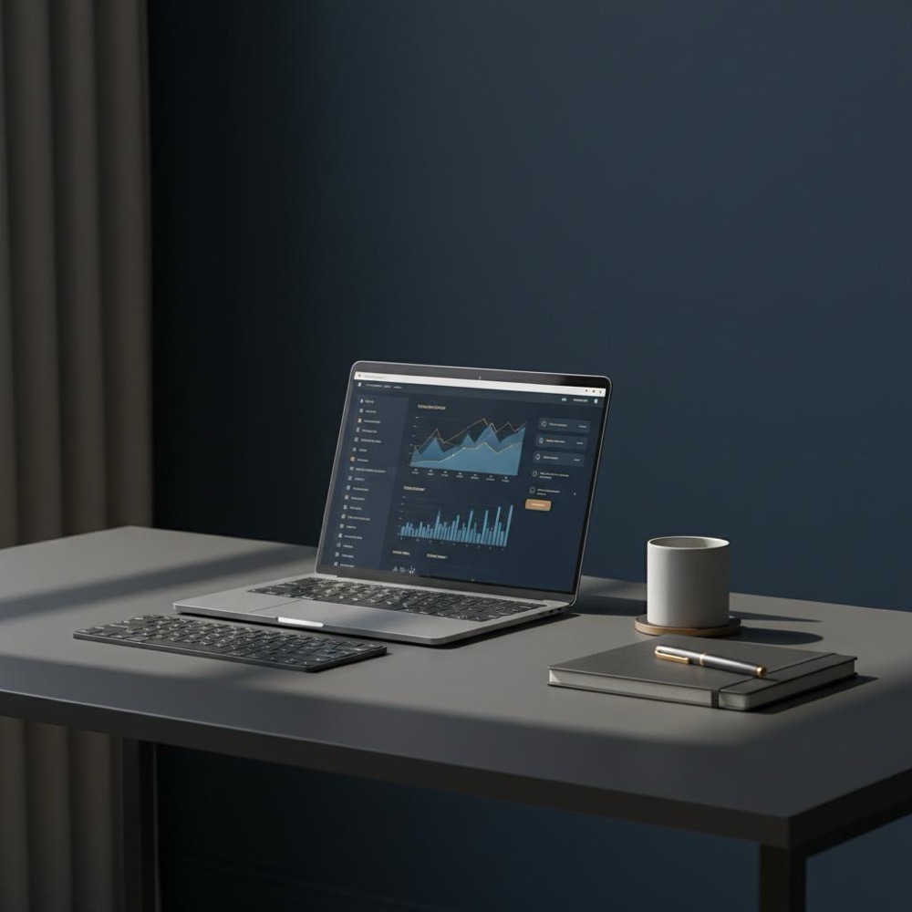 Tidy modern workspace with laptop showing analytics dashboard, natural light, muted Orvus Ltd. brand colors, minimal props and negative space for an SEO specialist.