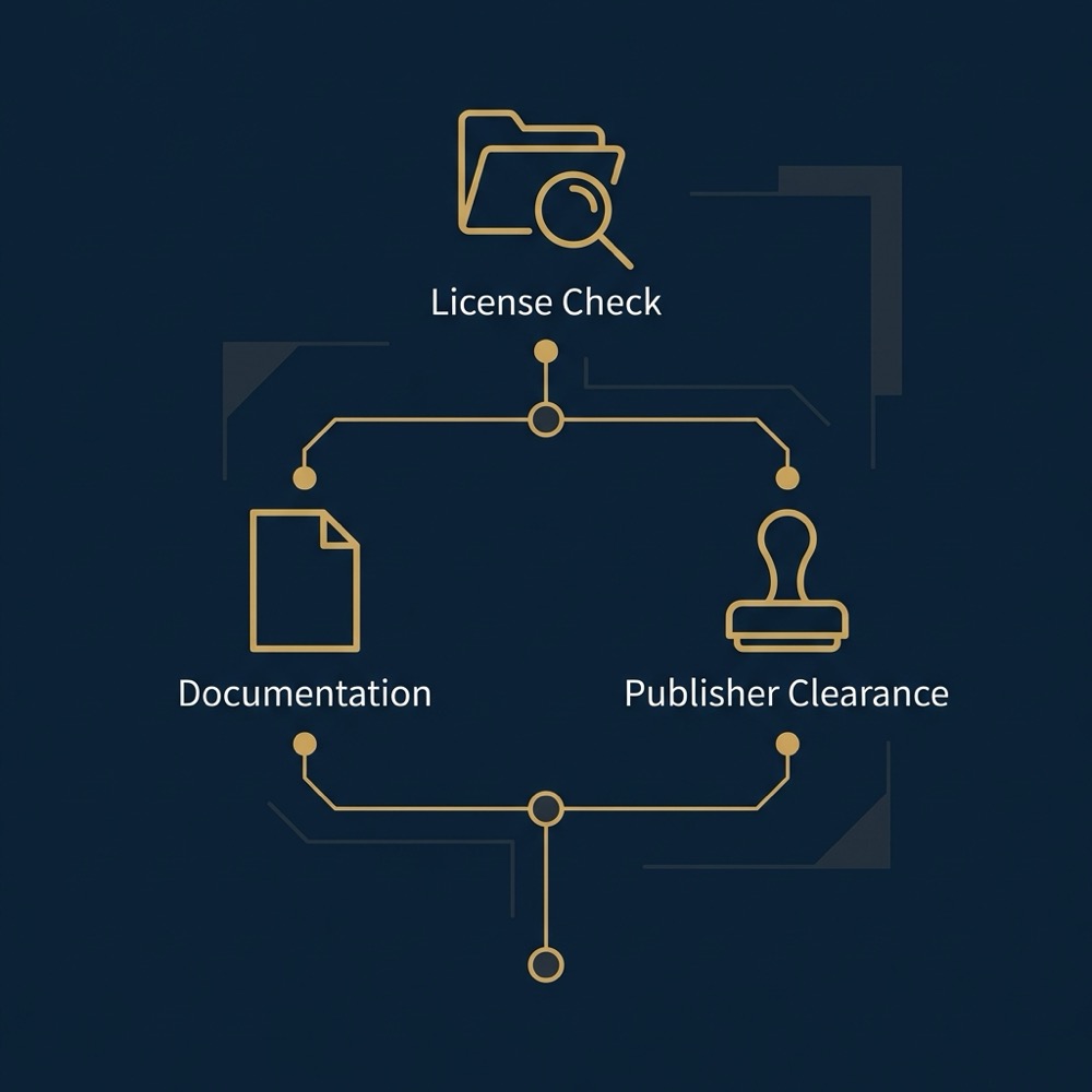 Minimal 2D vector decision tree infographic with license check documentation and publisher clearance icons in Orvus Ltd brand colors best ai for writing