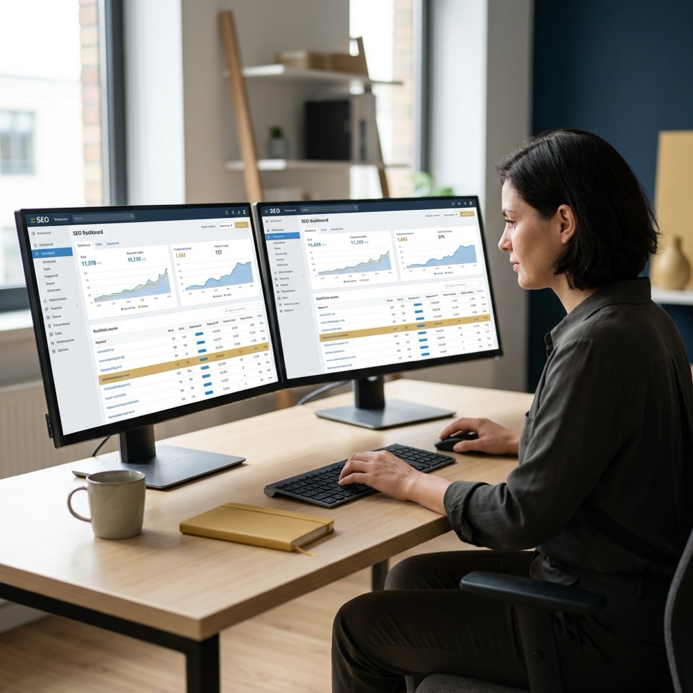 Marketer at minimalist desk reviewing backlink and keyword reports on dual monitors with dark navy background and gold accents ahrefs com