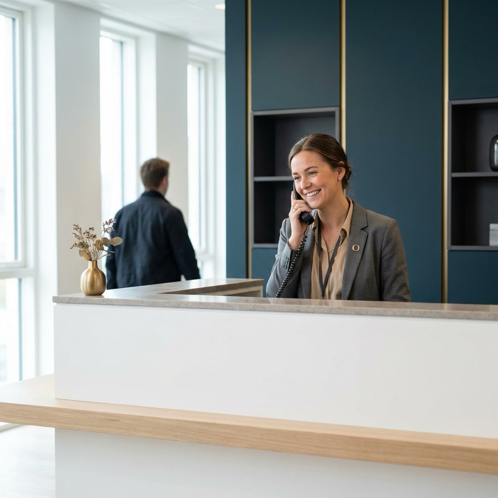 Dental clinic reception with a smiling receptionist answering a phone call and a patient approaching conveying trust and professionalism for dental seo expert