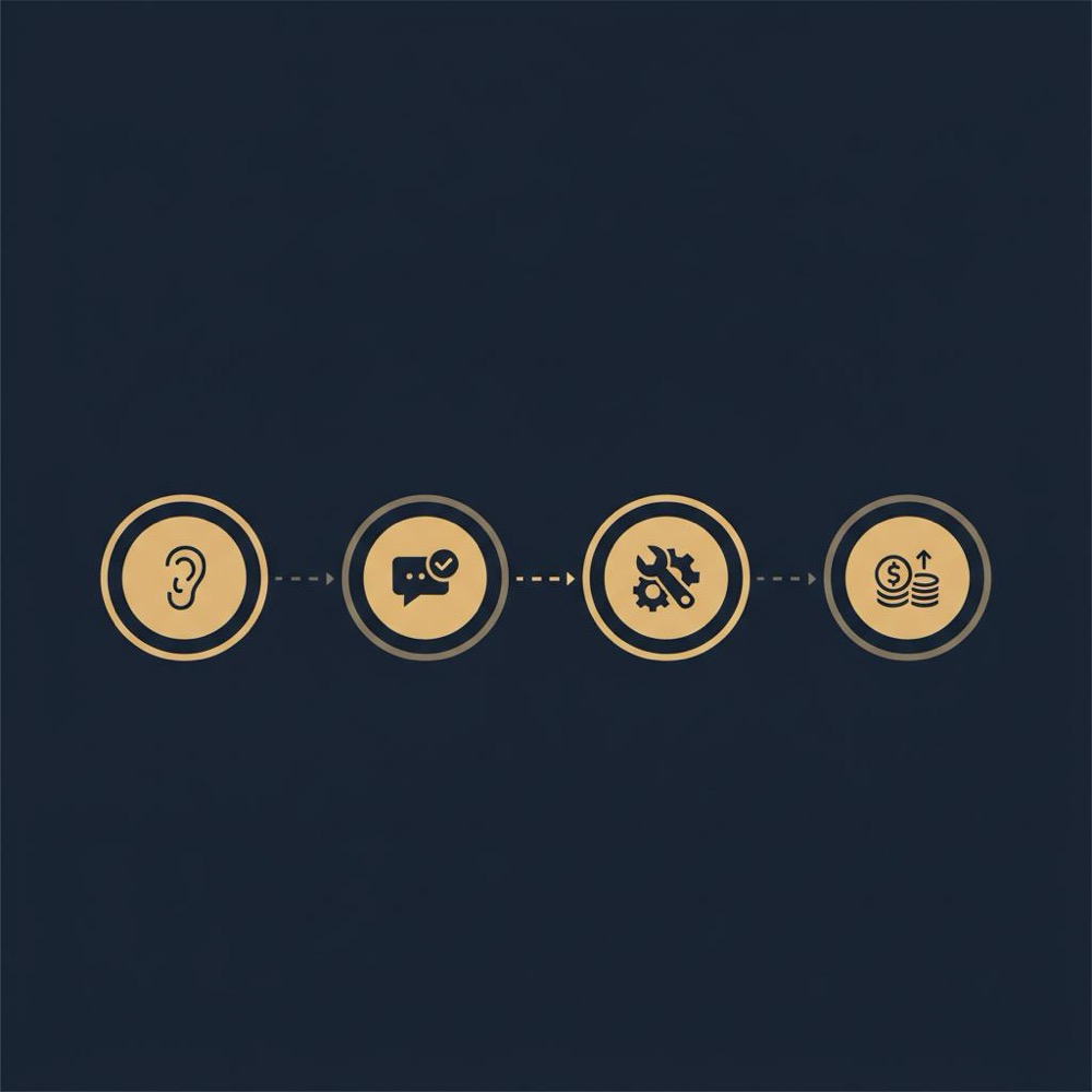 Minimal 2D vector infographic in Orvus Ltd colors showing four icon steps (listen, respond, fix, earn) to illustrate pay for negative Google reviews process guidance