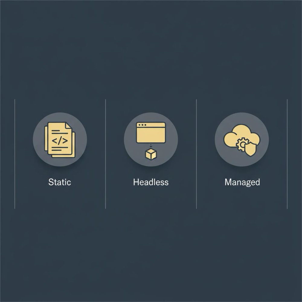 Minimal vector comparison infographic with three vertical panels of icons for Static, Headless, and Managed architectures on a navy background, fitting an article about moving away from WordPress