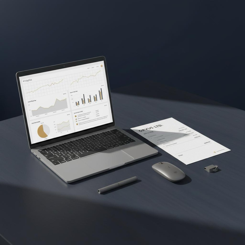 Minimalist office desk with laptop displaying analytics charts and a printed invoice showing guest post pricing, Orvus Ltd. colors #0B1E33 and #C8A45D, no people visible.