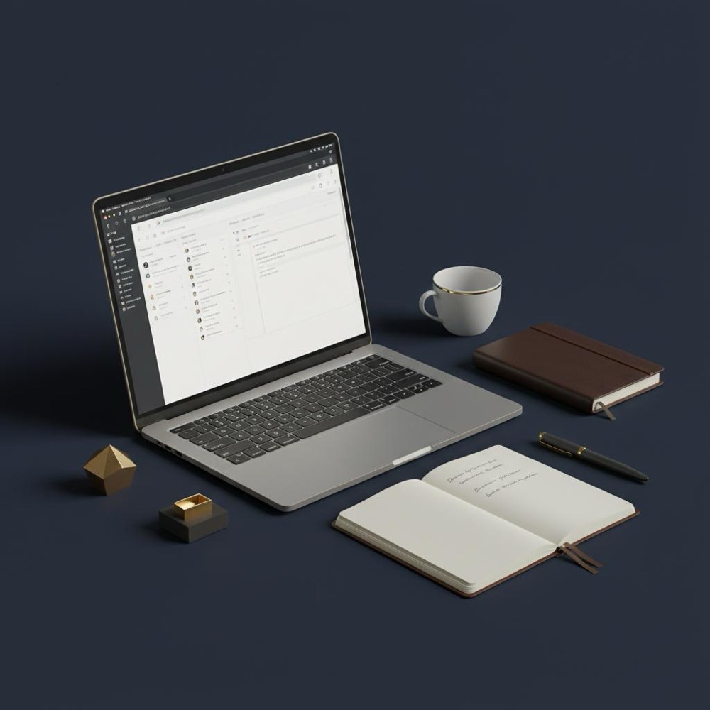 Tidy dark-blue workspace with laptop showing draft browser, notebook with prompts and coffee cup - minimalist setup for an AI copywriter