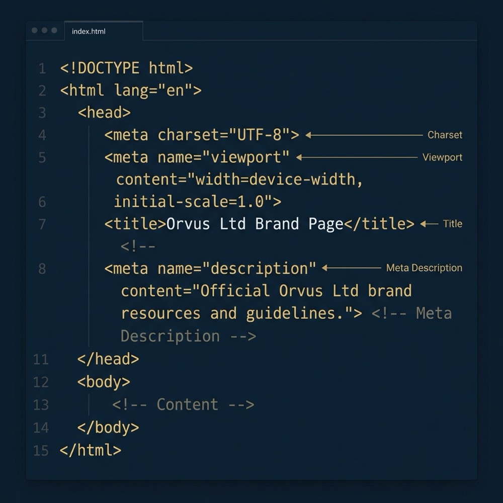 Clean screenshot of an HTML head section with highlighted metatags and subtle annotations on Orvus Ltd deep navy background hex 0B1E33 using gold accents hex C8A45D