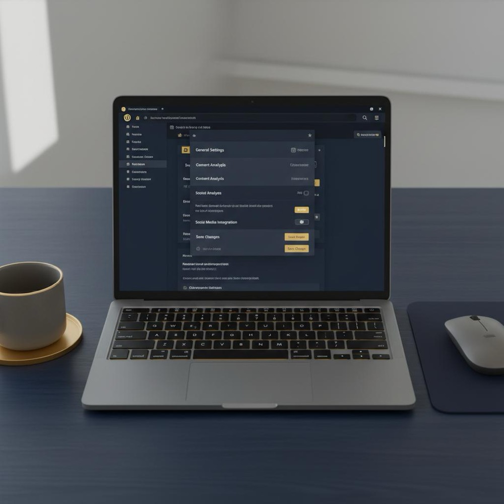 Minimalist workspace photo of a laptop showing a WordPress dashboard with an open SEO plugin settings panel and subtle Orvus Ltd. color accents - aio vs SEO