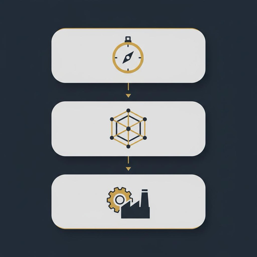 Minimal 2D vector infographic of three stacked panels with icons for exploration, prototyping and production on a dark navy background with gold accents - ChatGPT data analysis
