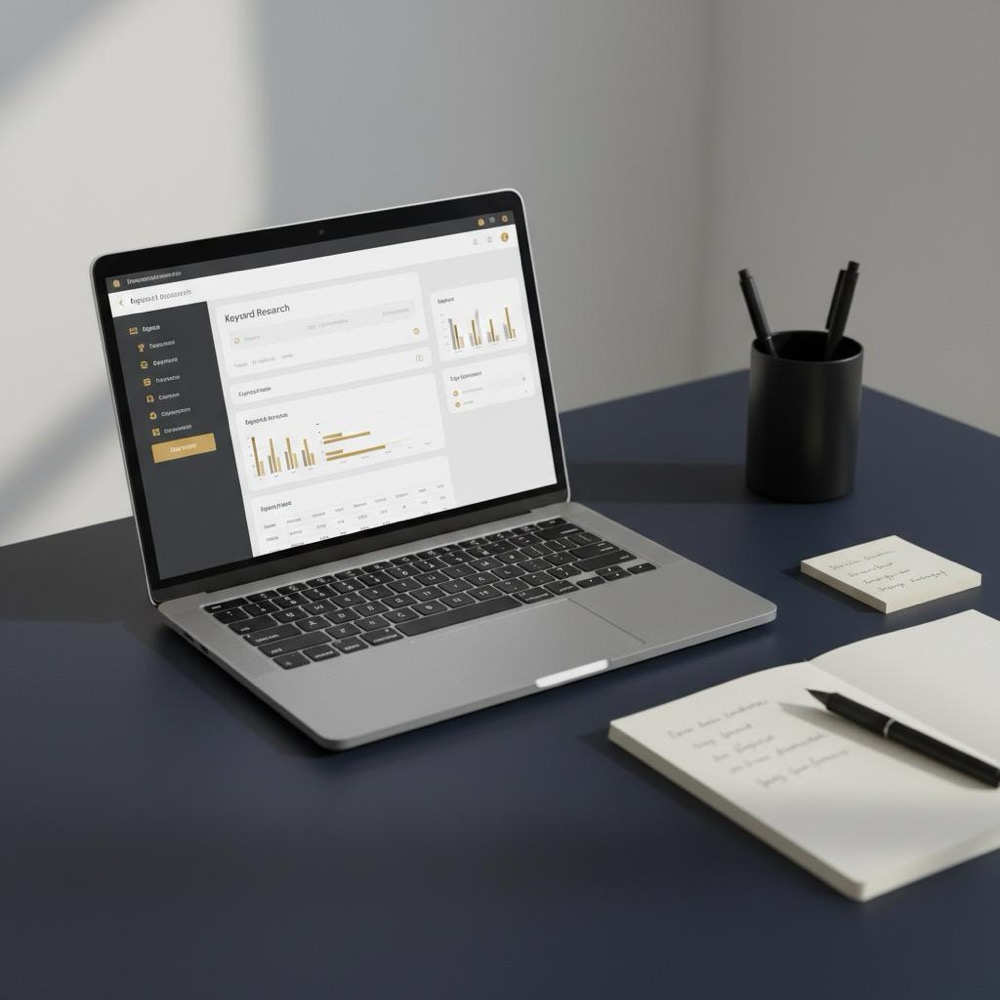 Minimalist desktop with laptop displaying Google Keyword Planner-style keyword research tool, notebook with handwritten notes, and #C8A45D pen on a dark navy background.
