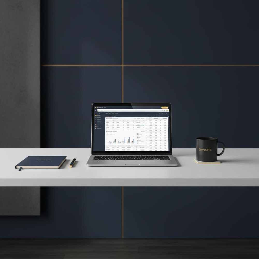 Laptop showing crawl reports and a keyword spreadsheet on a minimalist Orvus Ltd workspace with #0B1E33 navy background and #C8A45D accents - how much does Google search optimization cost