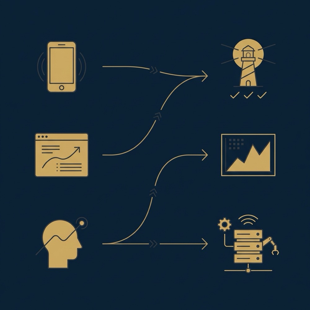 Minimal 2D vector infographic mapping CrUX field data icons to lab tools with connecting arrows on deep navy background using Orvus Ltd brand colors seo ux