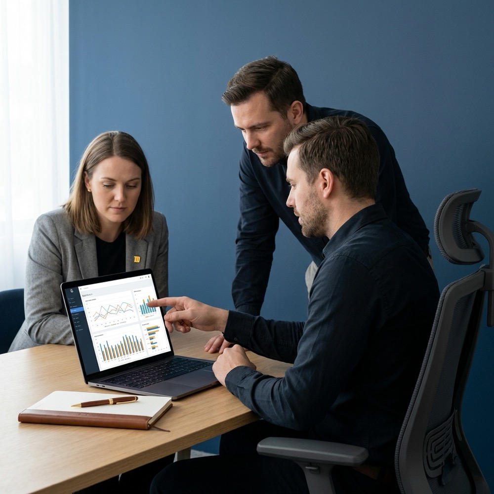 Small team reviewing analytics on a laptop with visible charts and a notes pad on a deep blue background with gold accents seo expert services