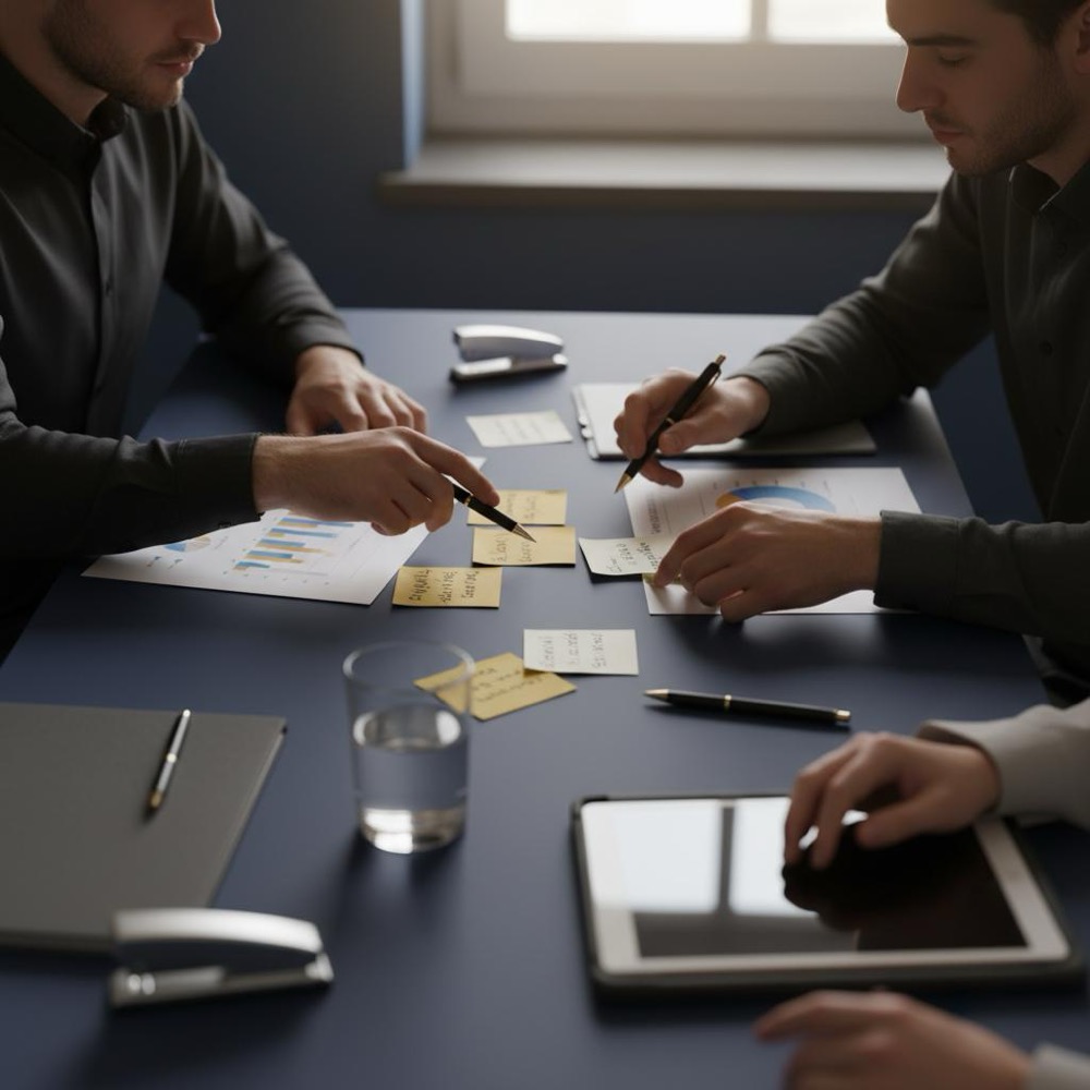 Small team collaborating over printed charts and sticky notes, hands focused on a research summary document in a minimalist workspace with Orvus Ltd. brand colors.