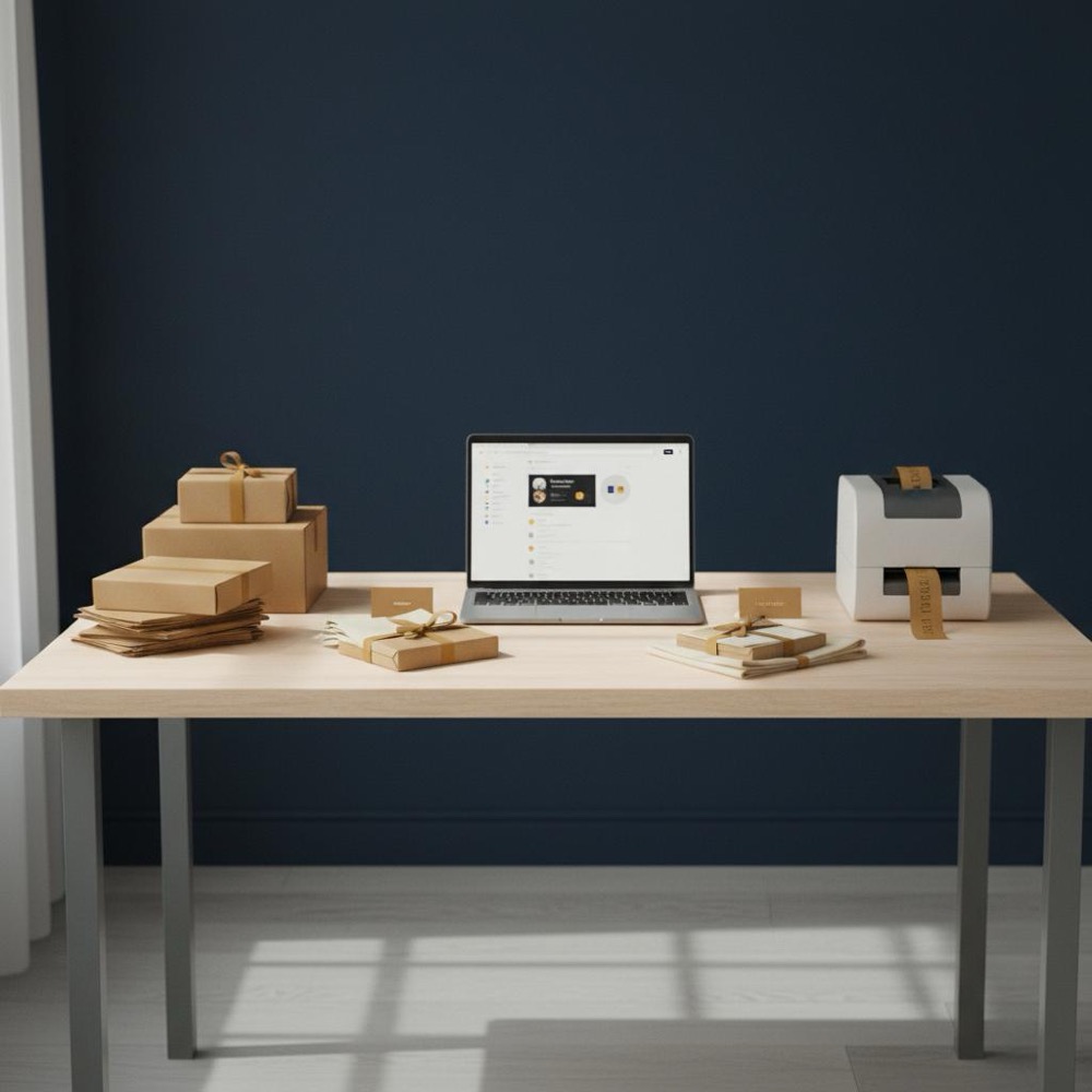 Minimalist small-business workspace with packaged products, label printer, stacked boxes and a laptop showing an Etsy dashboard, styled to make a living on Etsy.
