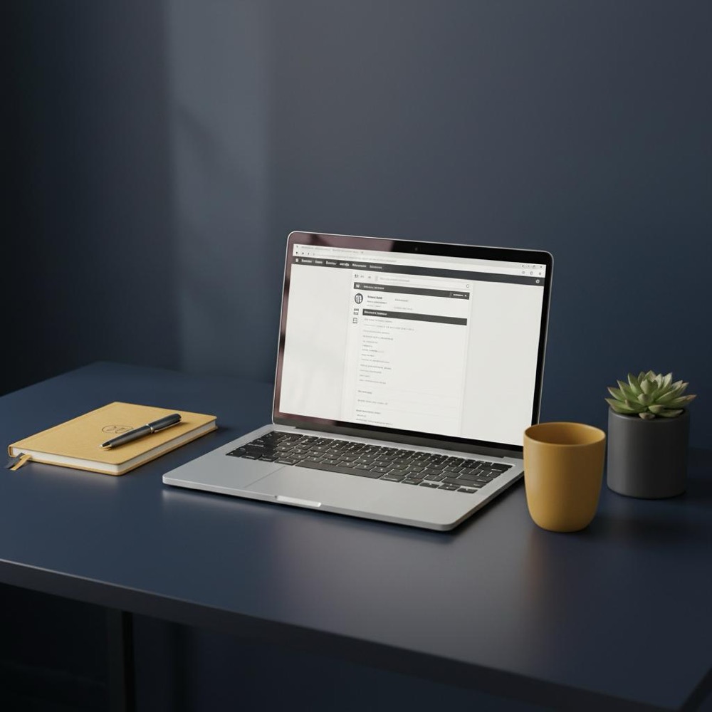 is yoast seo free for wordpress: minimalist workspace with laptop showing WordPress admin and Yoast meta box, notebook with #C8A45D accent on navy background